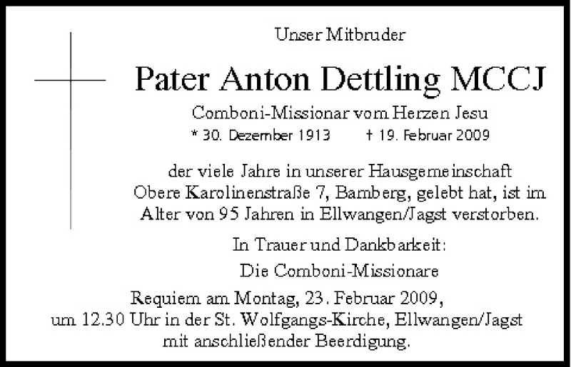  Traueranzeige für Pater Anton Dettimg vom 21.02.2009 aus MGO