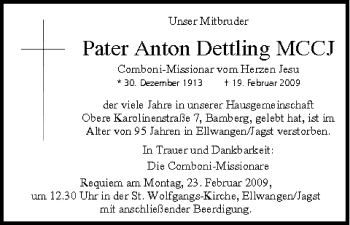 Anzeige von Pater Anton Dettimg von MGO
