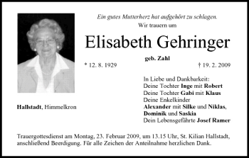 Anzeige von Elisabeth Gehringer von MGO