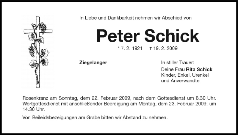  Traueranzeige für Peter Schick vom 21.02.2009 aus MGO