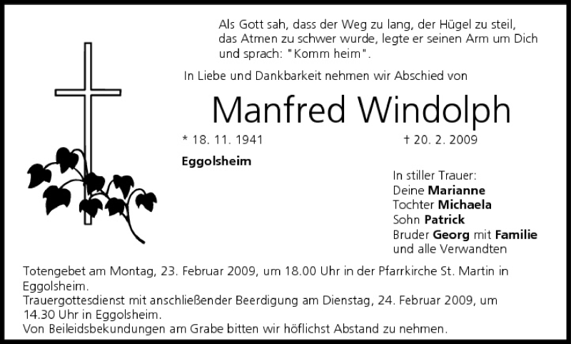  Traueranzeige für Manfred Windolph vom 21.02.2009 aus MGO