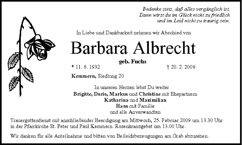  Traueranzeige für Barbara Albrecht vom 21.02.2009 aus MGO