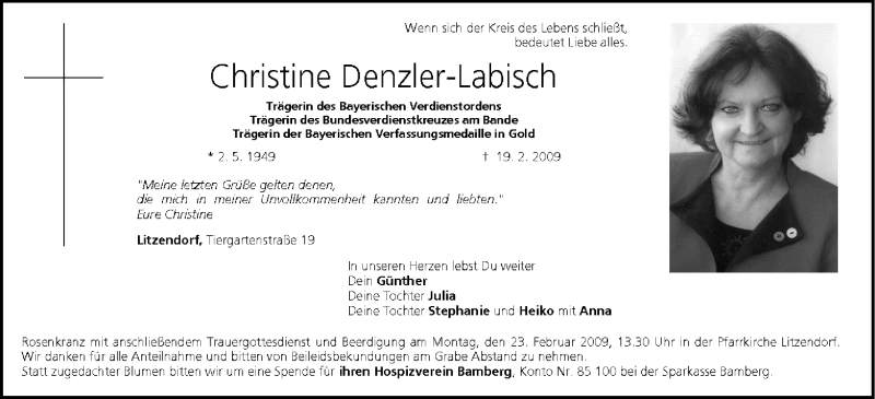 Traueranzeige für Christine Denzler-Labisch vom 21.02.2009 aus MGO