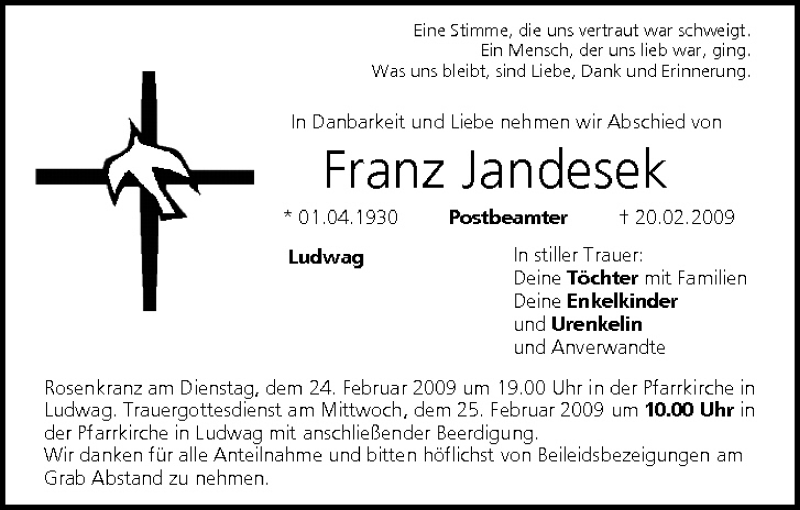  Traueranzeige für Franz Jandesek vom 23.02.2009 aus MGO