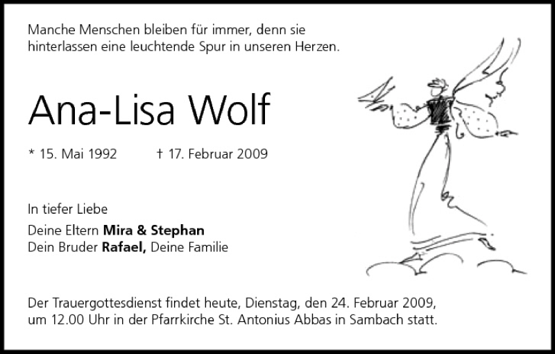  Traueranzeige für Ana-Lisa Wolf vom 24.02.2009 aus MGO