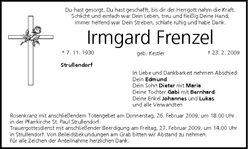  Traueranzeige für Irmgard Frenzel vom 25.02.2009 aus MGO