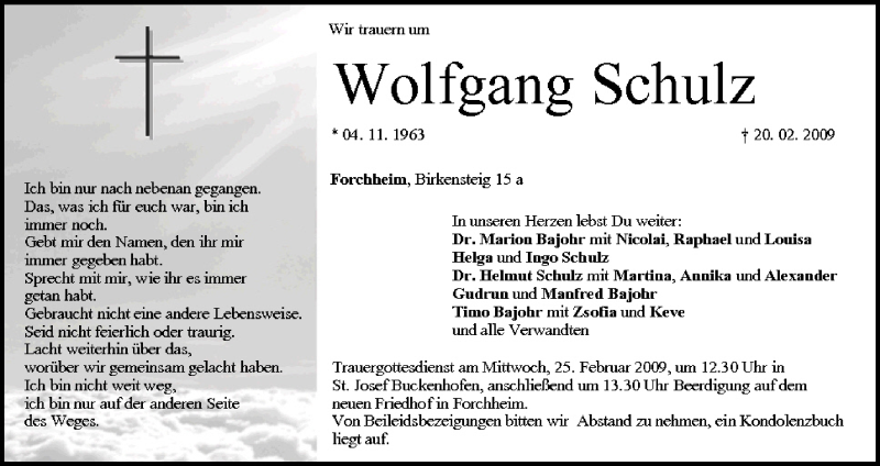  Traueranzeige für Wolfgang Schulz vom 24.02.2009 aus MGO