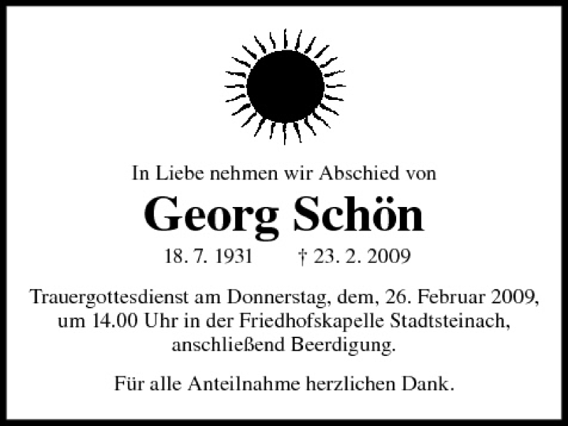  Traueranzeige für Georg Schön vom 24.02.2009 aus MGO