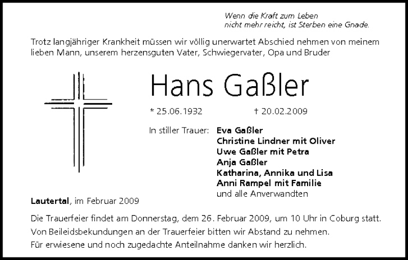  Traueranzeige für Hans Gaßler vom 25.02.2009 aus MGO