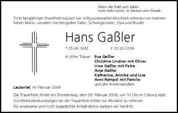 Anzeige von Hans Gaßler von MGO