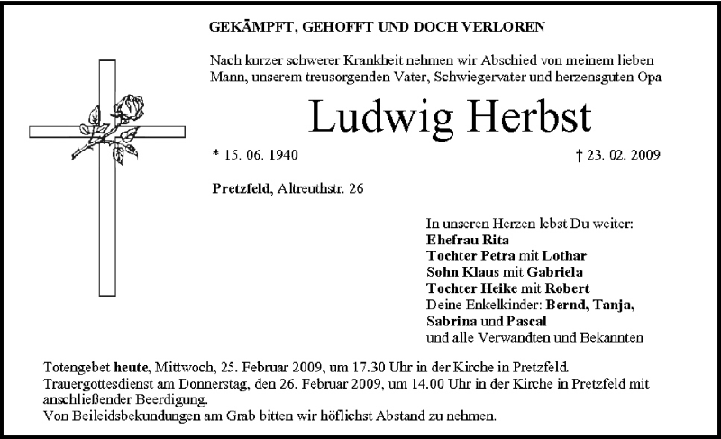  Traueranzeige für Ludwig Herbst vom 25.02.2009 aus MGO