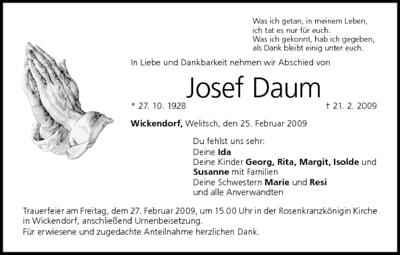  Traueranzeige für Josef Daum vom 25.02.2009 aus MGO