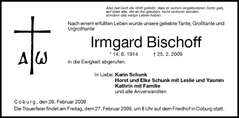  Traueranzeige für Irmgard Bischoff vom 26.02.2009 aus MGO