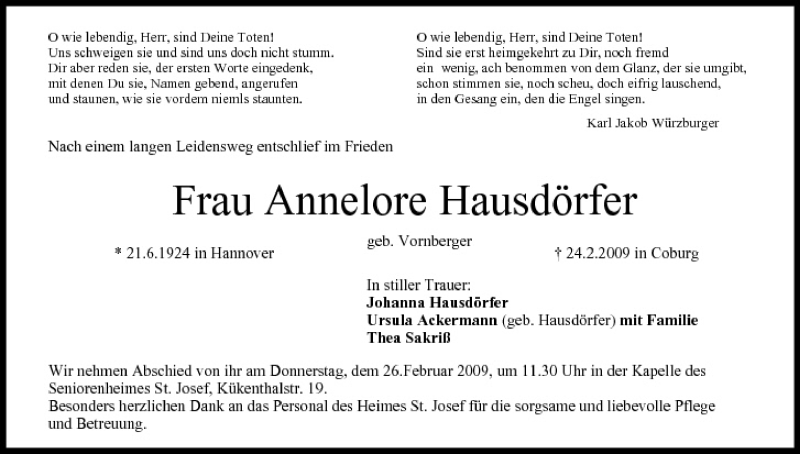  Traueranzeige für Annelore Hausdörfer vom 26.02.2009 aus MGO