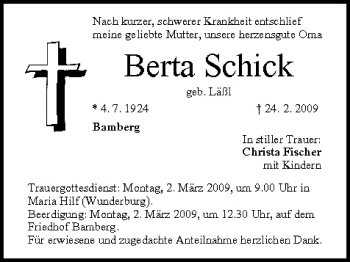 Anzeige von Berta Schick von MGO