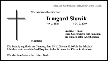 Anzeige von Irmgard Slowik von MGO