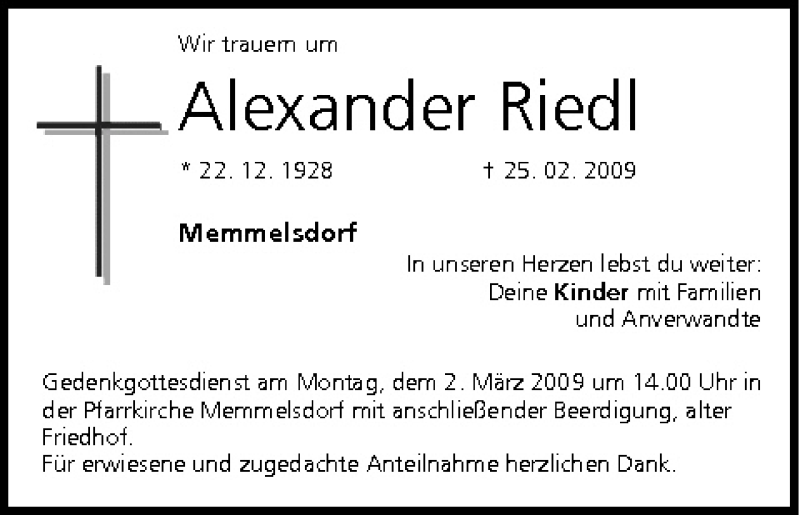  Traueranzeige für Alexander Riedl vom 27.02.2009 aus MGO