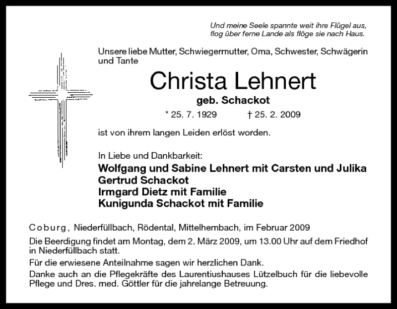  Traueranzeige für Christa Lehnert vom 27.02.2009 aus MGO