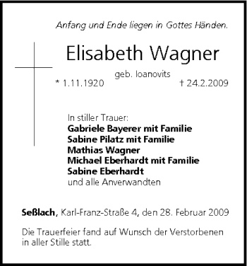 Anzeige von Elisabeth Wagner von MGO