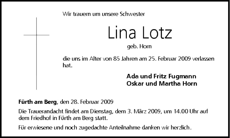 Traueranzeige für Lina Lotz vom 28.02.2009 aus MGO