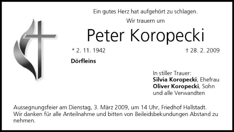  Traueranzeige für Peter Koropecki vom 02.03.2009 aus MGO
