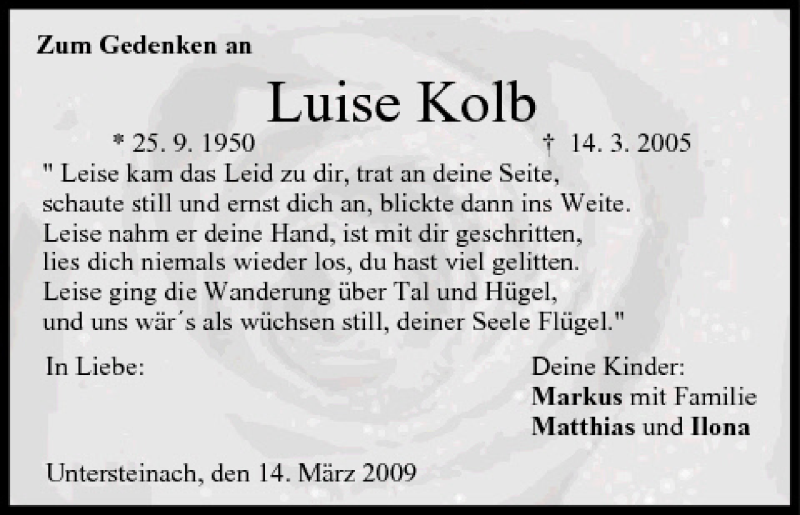  Traueranzeige für Luise Kolb vom 14.03.2009 aus MGO