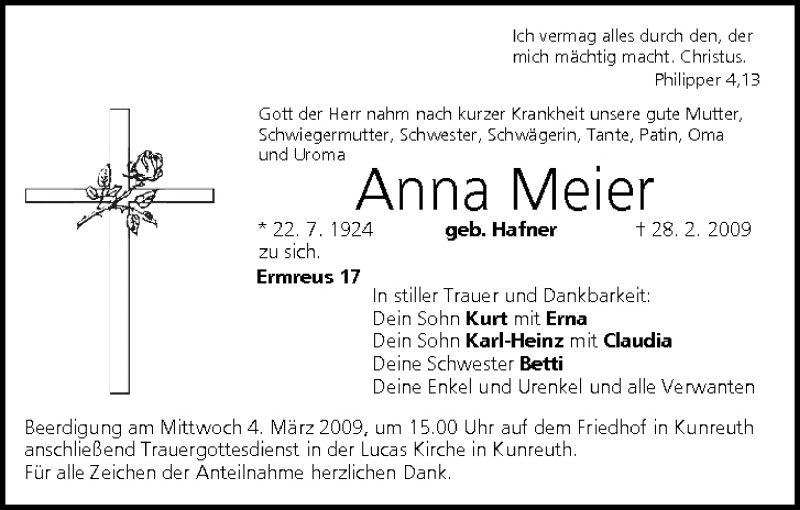  Traueranzeige für Anna Meier vom 03.03.2009 aus MGO