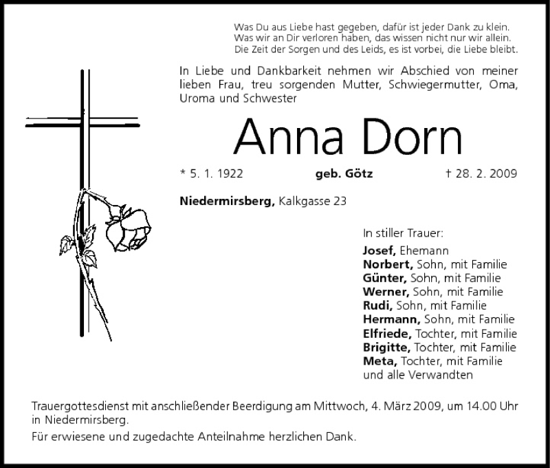 Traueranzeige für Anna Dorn vom 03.03.2009 aus MGO