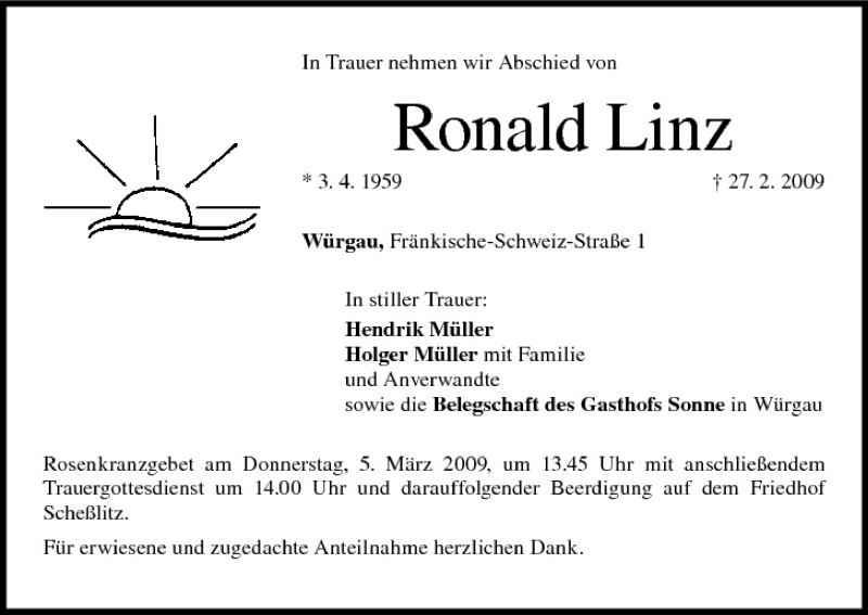  Traueranzeige für Ronald Linz vom 03.03.2009 aus MGO