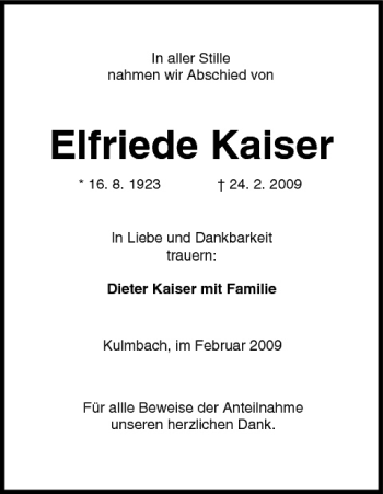 Anzeige von Elfriede Kaiser von MGO