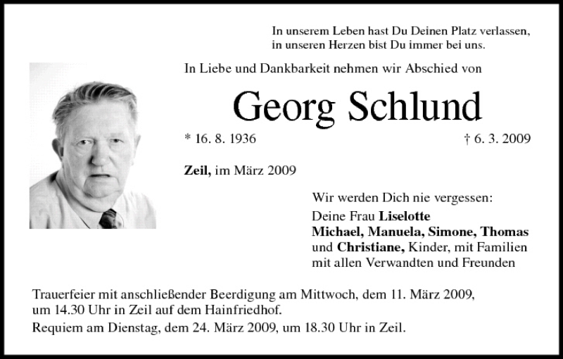  Traueranzeige für Georg Schlund vom 09.03.2009 aus MGO