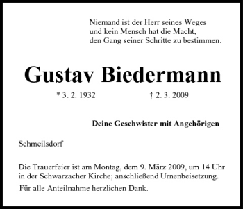 Anzeige von Gustav Biedermann von MGO