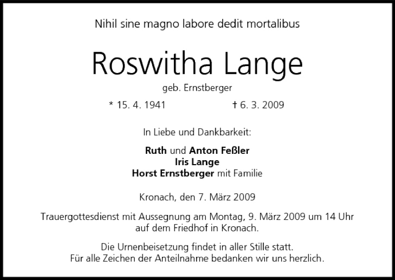  Traueranzeige für Roswitha Lange vom 07.03.2009 aus MGO