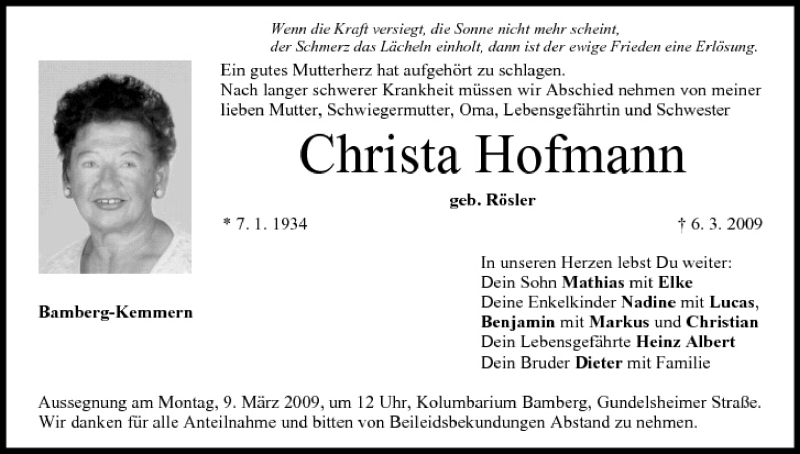 Traueranzeige für Christa Hofmann vom 07.03.2009 aus MGO