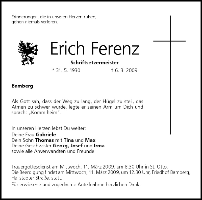  Traueranzeige für Erich Ferenz vom 10.03.2009 aus MGO