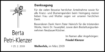 Anzeige von Berta Petri-Klenzer von MGO