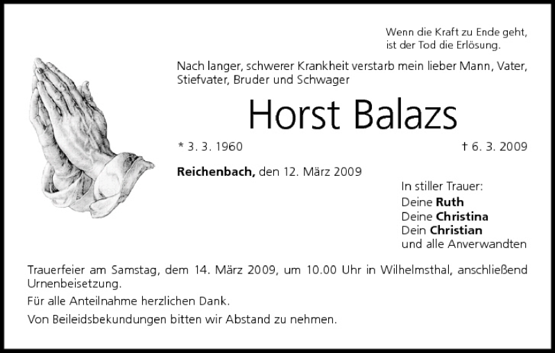  Traueranzeige für Horst Balazs vom 12.03.2009 aus MGO