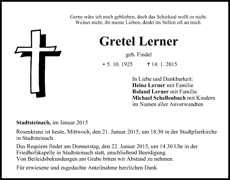  Traueranzeige für Gretel Lerner vom 21.01.2015 aus MGO