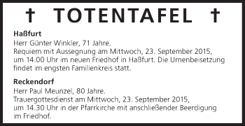 Anzeige von Totentafel vom 23.09.2015 von MGO