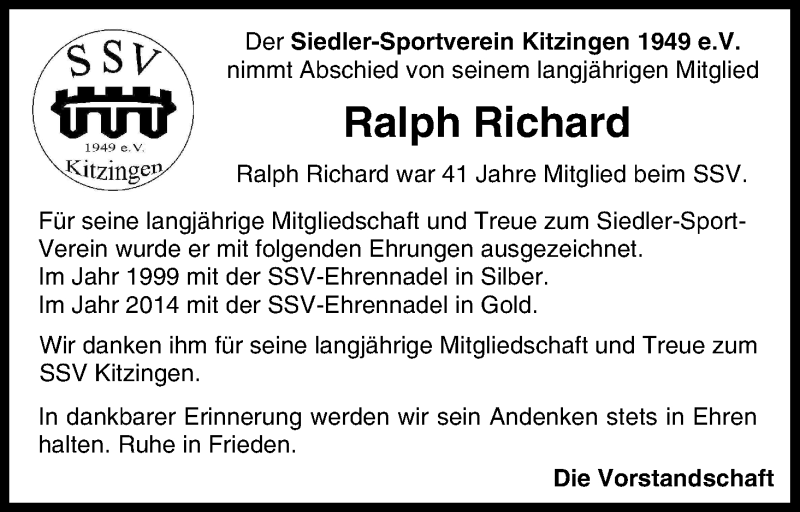  Traueranzeige für Ralph Richard vom 07.02.2015 aus MGO