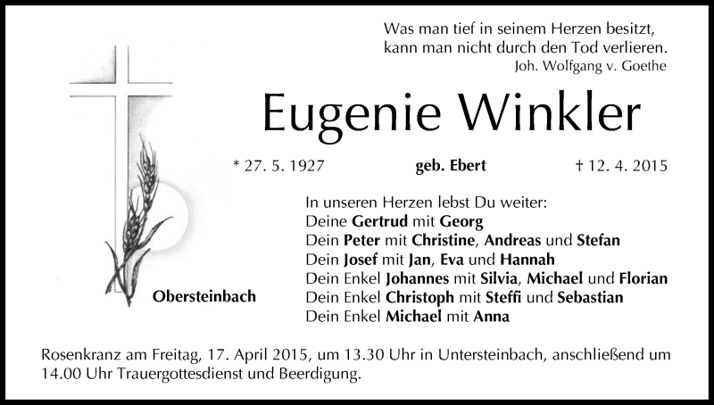  Traueranzeige für Eugenie Winkler vom 14.04.2015 aus MGO
