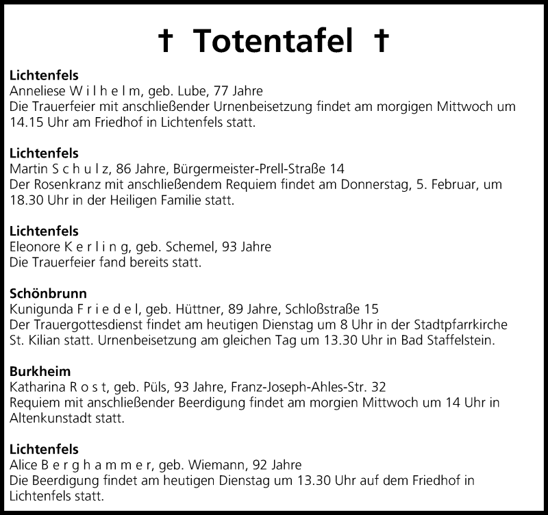  Traueranzeige für Totentafel vom 03.02.2015 vom 03.02.2015 aus MGO