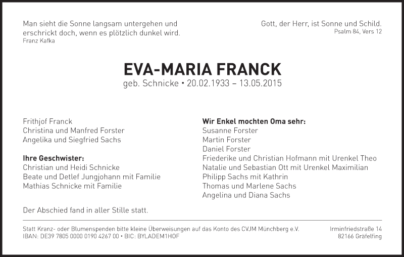  Traueranzeige für Eva-Maria Franck vom 21.05.2015 aus MGO