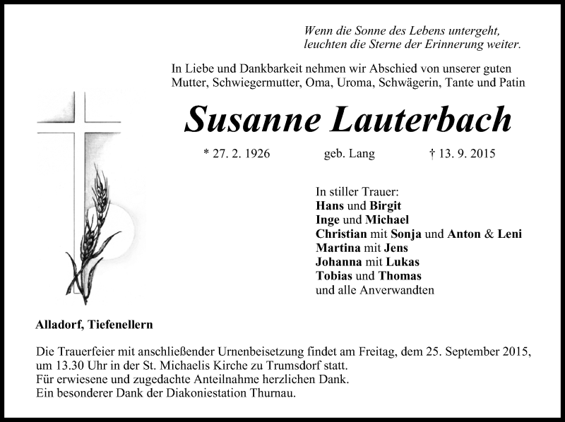  Traueranzeige für Susanne Lauterbach vom 23.09.2015 aus MGO