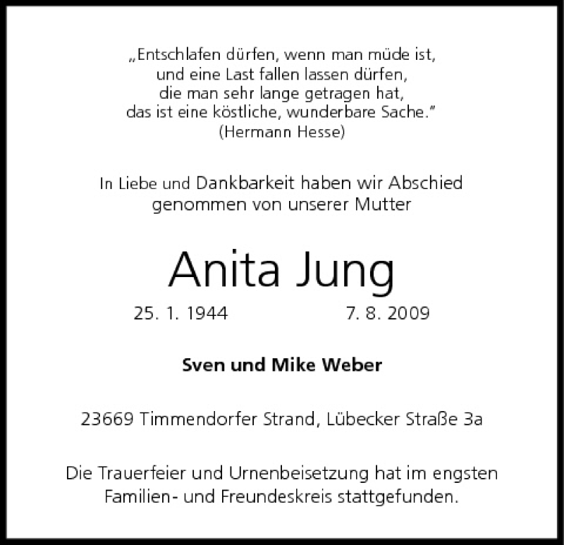  Traueranzeige für Anita Jung vom 29.08.2009 aus MGO