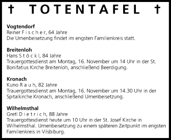 Anzeige von Totentafel vom 14.11.2015 von MGO