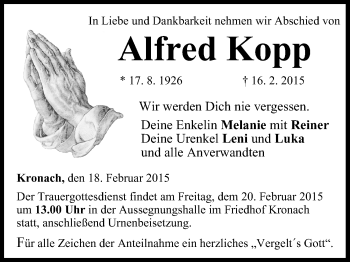 Anzeige von Alfred Kopp von MGO