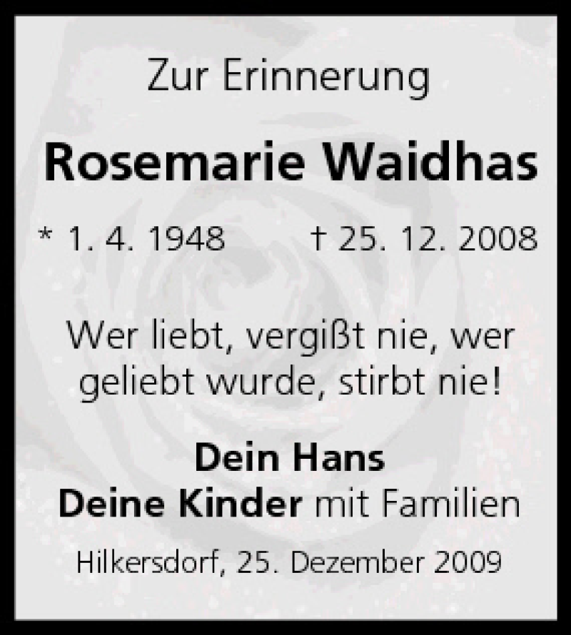  Traueranzeige für Rosemarie Waidhas vom 24.12.2009 aus MGO