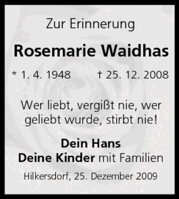 Anzeige von Rosemarie Waidhas von MGO