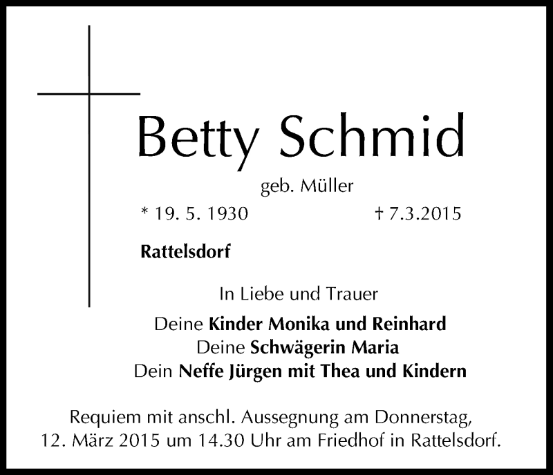  Traueranzeige für Betty Schmid vom 09.03.2015 aus MGO